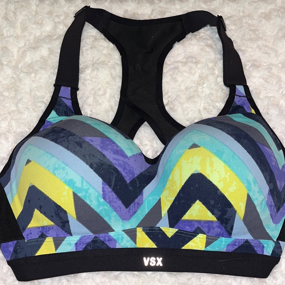 Victoria’s Secret X Sport bra. Color: Black/Yellow/Aqua/Purple. Size: 36C.